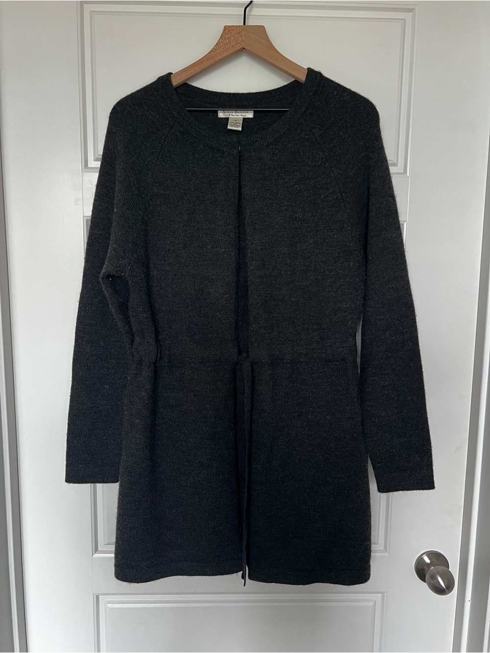 100% Merino Wool Dark Gray Knit Coatigan with Waist Tie